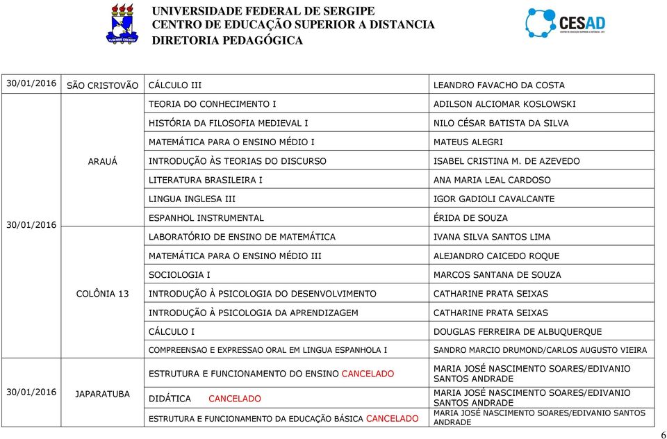 DE AZEVEDO ANA MARIA LEAL CARDOSO IGOR GADIOLI CAVALCANTE 30/01/2016 ESPANHOL INSTRUMENTAL LABORATÓRIO DE ENSINO DE MATEMÁTICA MATEMÁTICA PARA O ENSINO MÉDIO III SOCIOLOGIA I ÉRIDA DE SOUZA IVANA