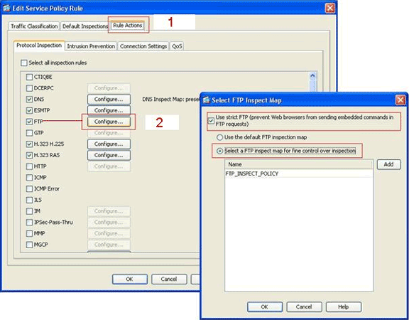 6. c. Clique a aba das inspeçãos. (1) d. Clique em Add. (2) e. Clique o botão de rádio dos fósforos do múltiplo, e escolha a classe de tráfego da lista de drop-down. (3) f.