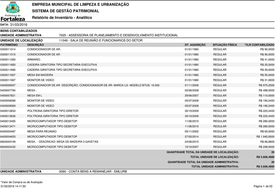 AQUISIÇÃO SITUAÇÃO FÍSICA *VLR CONTABILIZADO 0300011314 CONDICIONADOR DE AR- 01/01/1980 REGULAR R$ 90,0000 0300011315 CONDICIONADOR DE AR 01/01/1980 REGULAR R$ 90,0000 0300011383 ARMARIO.