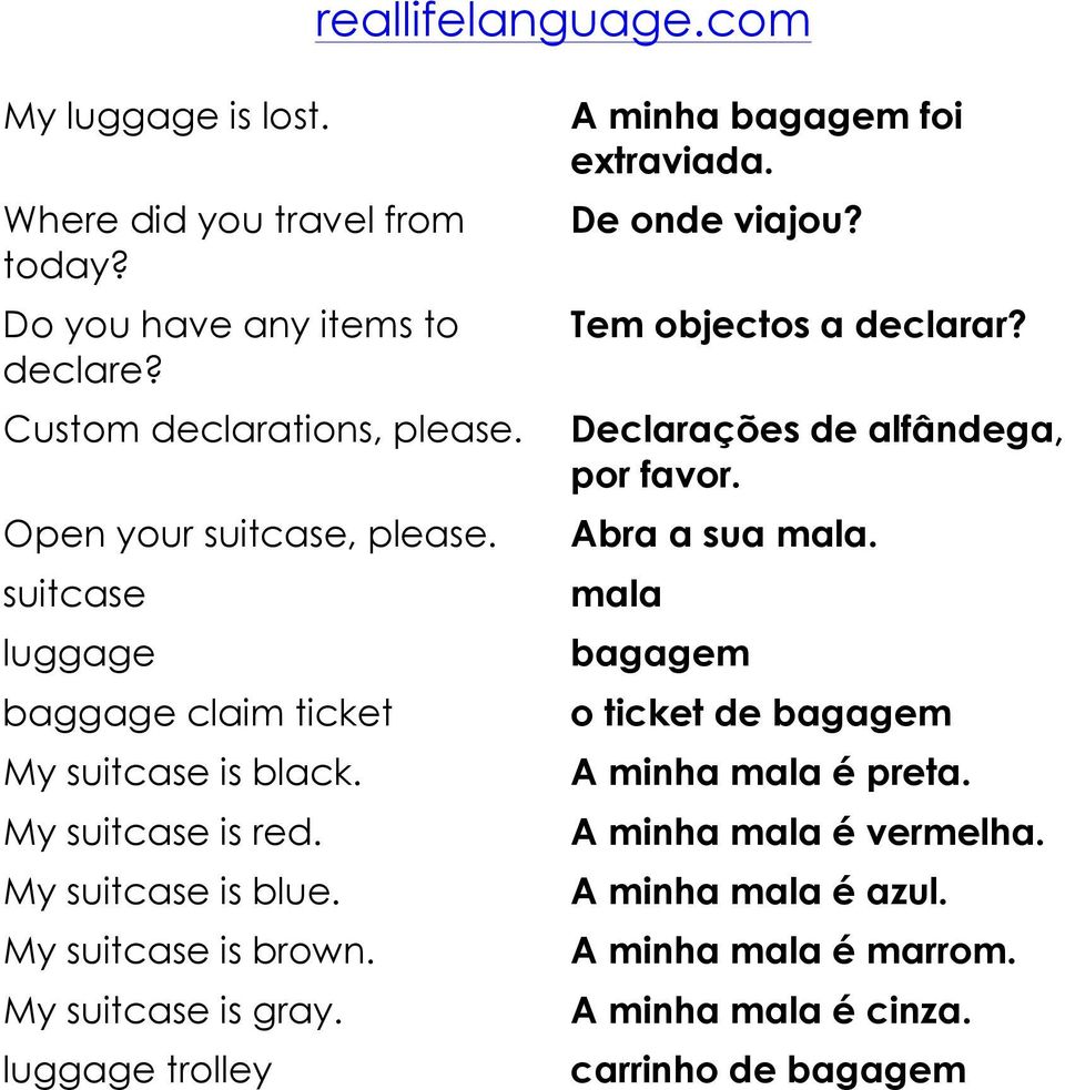 luggage trolley A minha bagagem foi extraviada. De onde viajou? Tem objectos a declarar? Declarações de alfândega, por favor. Abra a sua mala.