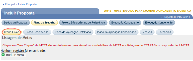 Figura 25 Após o usuário clicar no botão Incluir Meta, o sistema exibirá os campos a serem preenchidos conforme a seguir: Programa: O nome programa é exibido na tela.