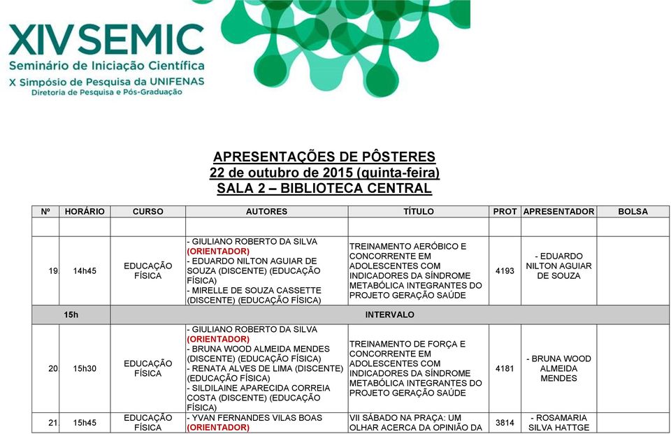 15h45 - GIULIANO ROBERTO DA SILVA - BRUNA WOOD ALMEIDA MENDES - RENATA ALVES DE LIMA (DISCENTE) ( ) - SILDILAINE APARECIDA CORREIA COSTA (DISCENTE) ( ) TREINAMENTO DE FORÇA E