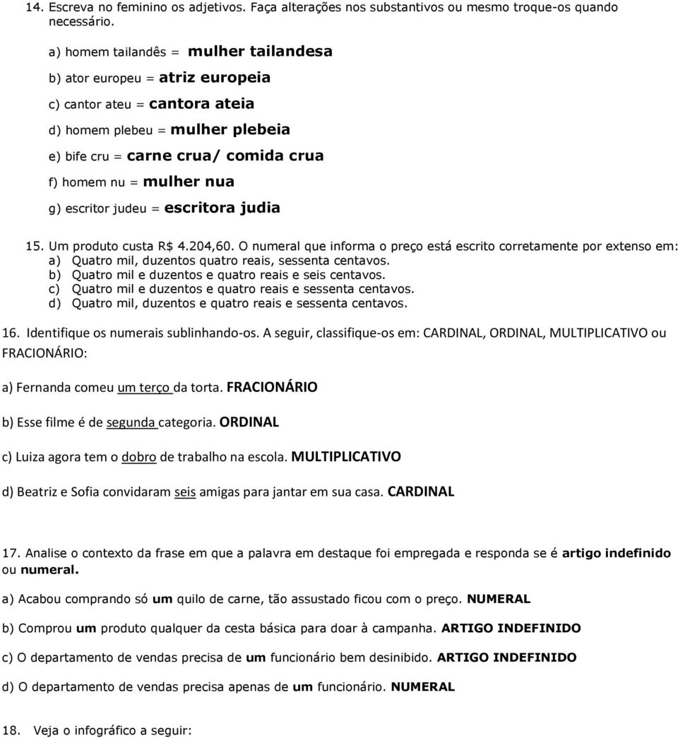 g) escritor judeu = escritora judia 15. Um produto custa R$ 4.204,60. O numeral que informa o preço está escrito corretamente por extenso em: a) Quatro mil, duzentos quatro reais, sessenta centavos.