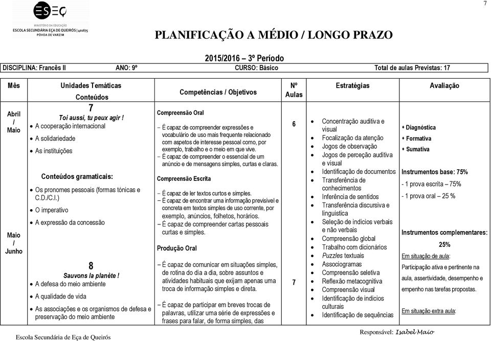 A defesa do meio ambiente A qualidade de vida As associações e os organismos de defesa e preservação do meio ambiente Competências / Objetivos Compreensão Oral - É capaz de compreender expressões e