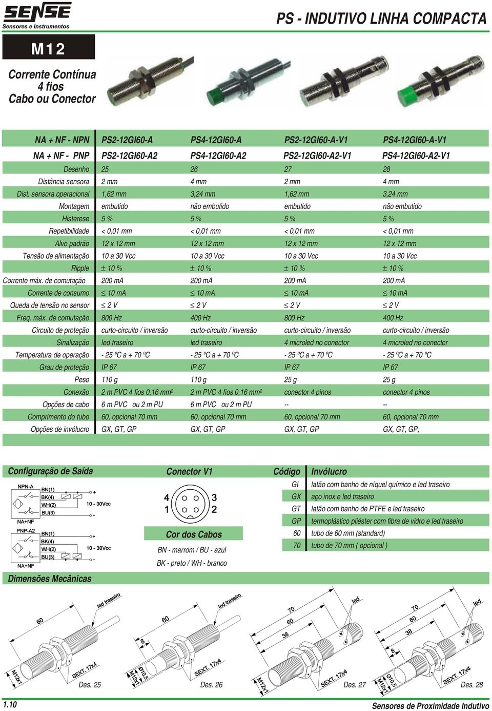 sensora operacional 1,62 mm 3,24 mm 1,62 mm 3,24 mm Alvo padrão 12 x 12 mm 12 x 12 mm 12 x 12 mm 12 x 12 mm Tensão de alimentação 10 a 30 Vcc 10 a 30 Vcc 10 a 30 Vcc 10 a 30 Vcc Ripple ± 10 % ± 10 %