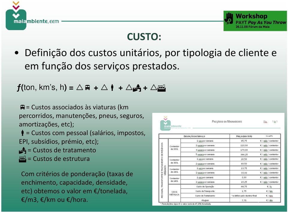 etc); =Custos com pessoal (salários, impostos, EPI, subsídios, prémio, etc); = Custos de tratamento = Custos de