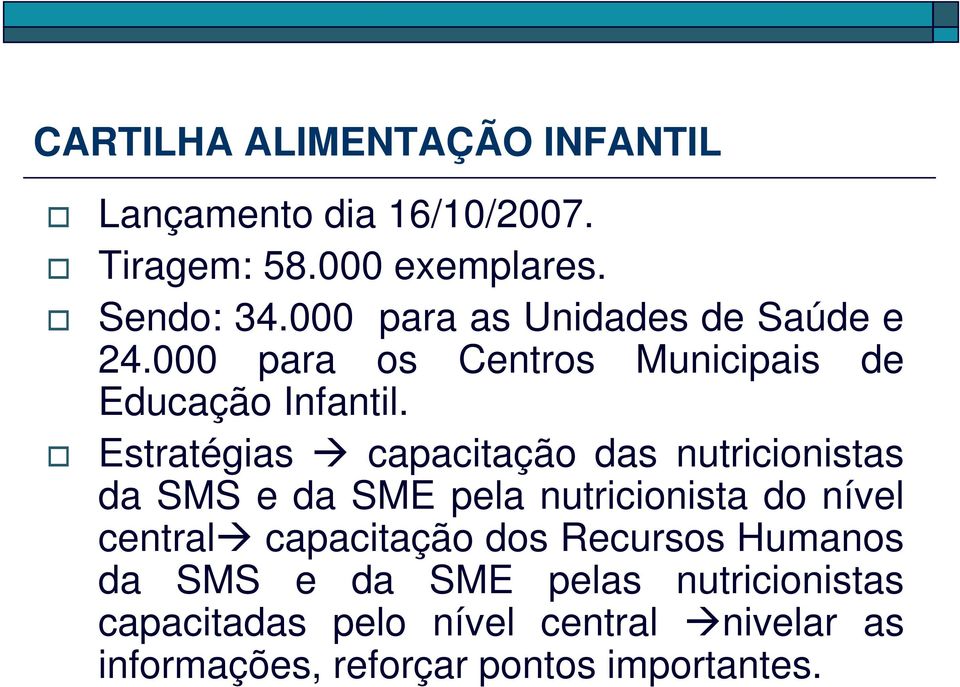 Estratégias capacitação das nutricionistas da SMS e da SME pela nutricionista do nível central capacitação