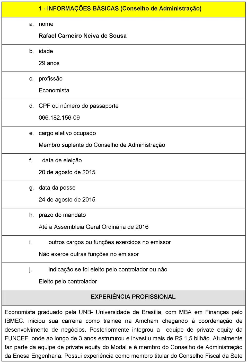 prazo do mandato Até a Assembleia Geral Ordinária de 2016 i. outros cargos ou funções exercidos no emissor Não exerce outras funções no emissor j.