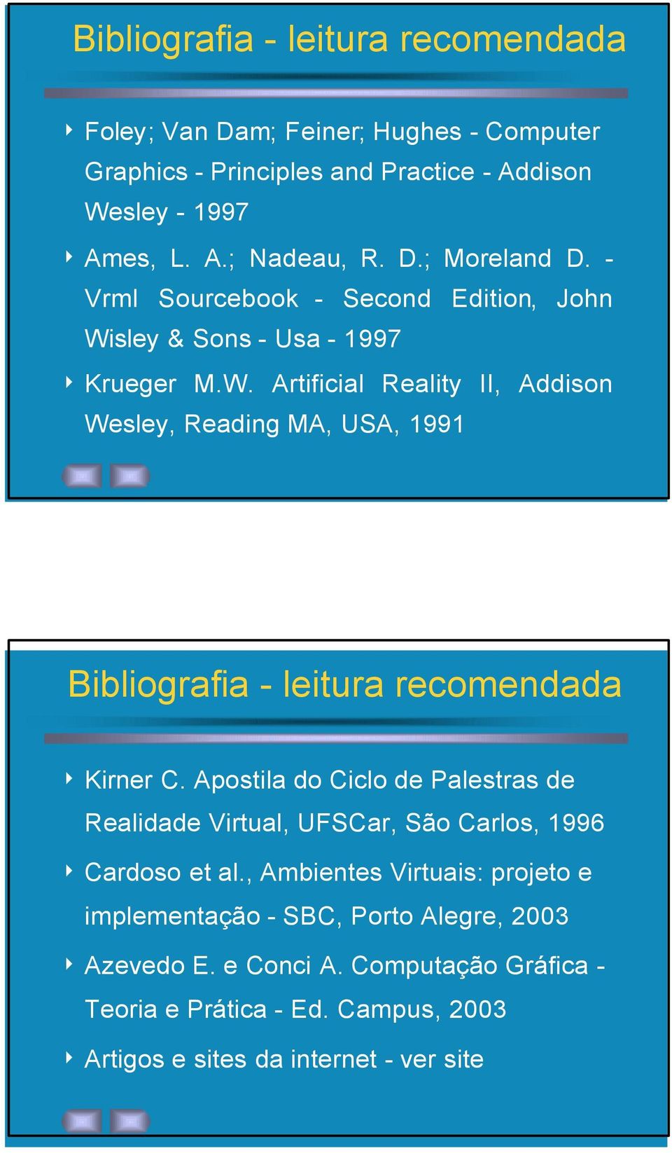 sley & Sons - Usa - 1997 4 Krueger M.W. Artificial Reality II, Addison Wesley, Reading MA, USA, 1991 Bibliografia - leitura recomendada 4 Kirner C.