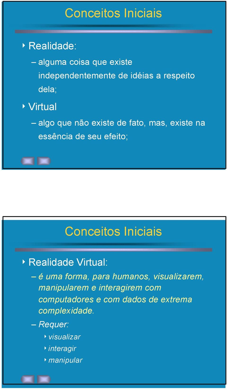 Iniciais 4Realidade Virtual: é uma forma, para humanos, visualizarem, manipularem e