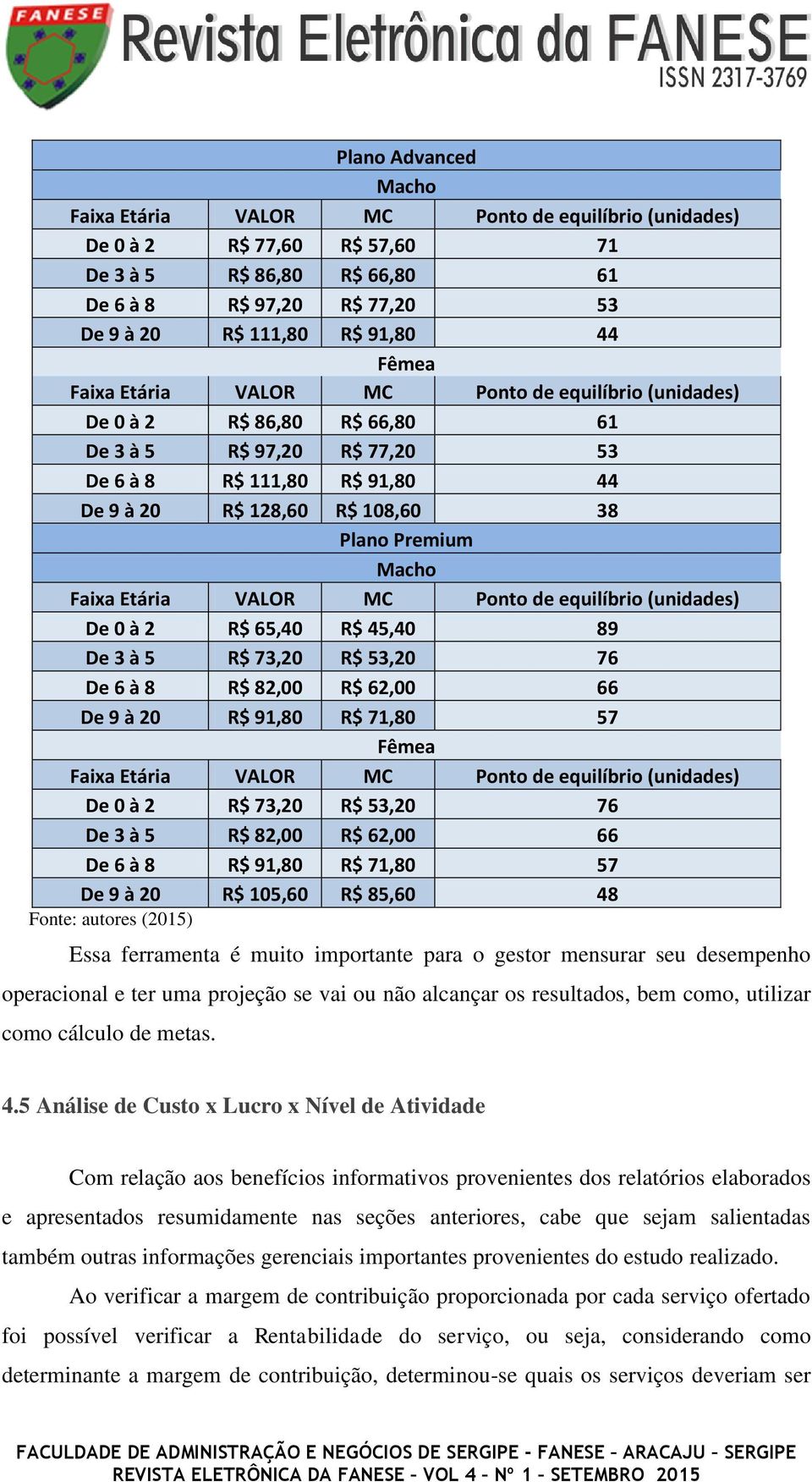 Etária VALOR Ponto de equilíbrio (unidades) De 0 à 2 R$ 65,40 R$ 45,40 89 De 3 à 5 R$ 73,20 R$ 53,20 76 De 6 à 8 R$ 82,00 R$ 62,00 66 De 9 à 20 R$ 91,80 R$ 71,80 57 Fêmea Faixa Etária VALOR Ponto de