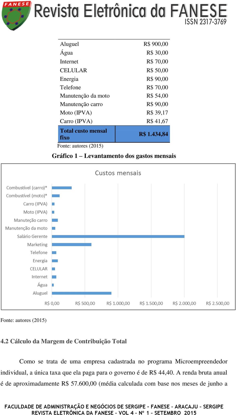 434,84 Gráfico 1 Levantamento dos gastos mensais Fonte: autores (2015) 4.