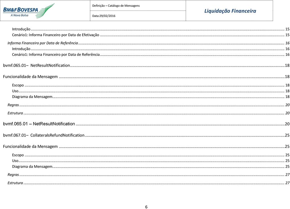 .. 18 Escopo... 18 Uso... 18 Diagrama da Mensagem... 18 Regras... 20 Estrutura... 20 bvmf.065.01 NetResultNotification... 20 bvmf.067.