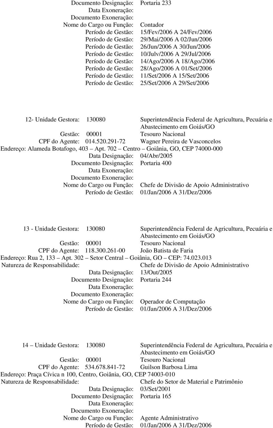 11/Set/2006 A 15/Set/2006 Período de Gestão: 25/Set/2006 A 29/Set/2006 12- Unidade Gestora: 130080 Superintendência Federal de Agricultura, Pecuária e Abastecimento em Goiás/GO Gestão: 00001 Tesouro