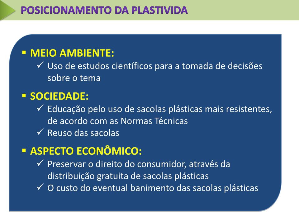 Normas Técnicas Reuso das sacolas ASPECTO ECONÔMICO: Preservar o direito do consumidor,