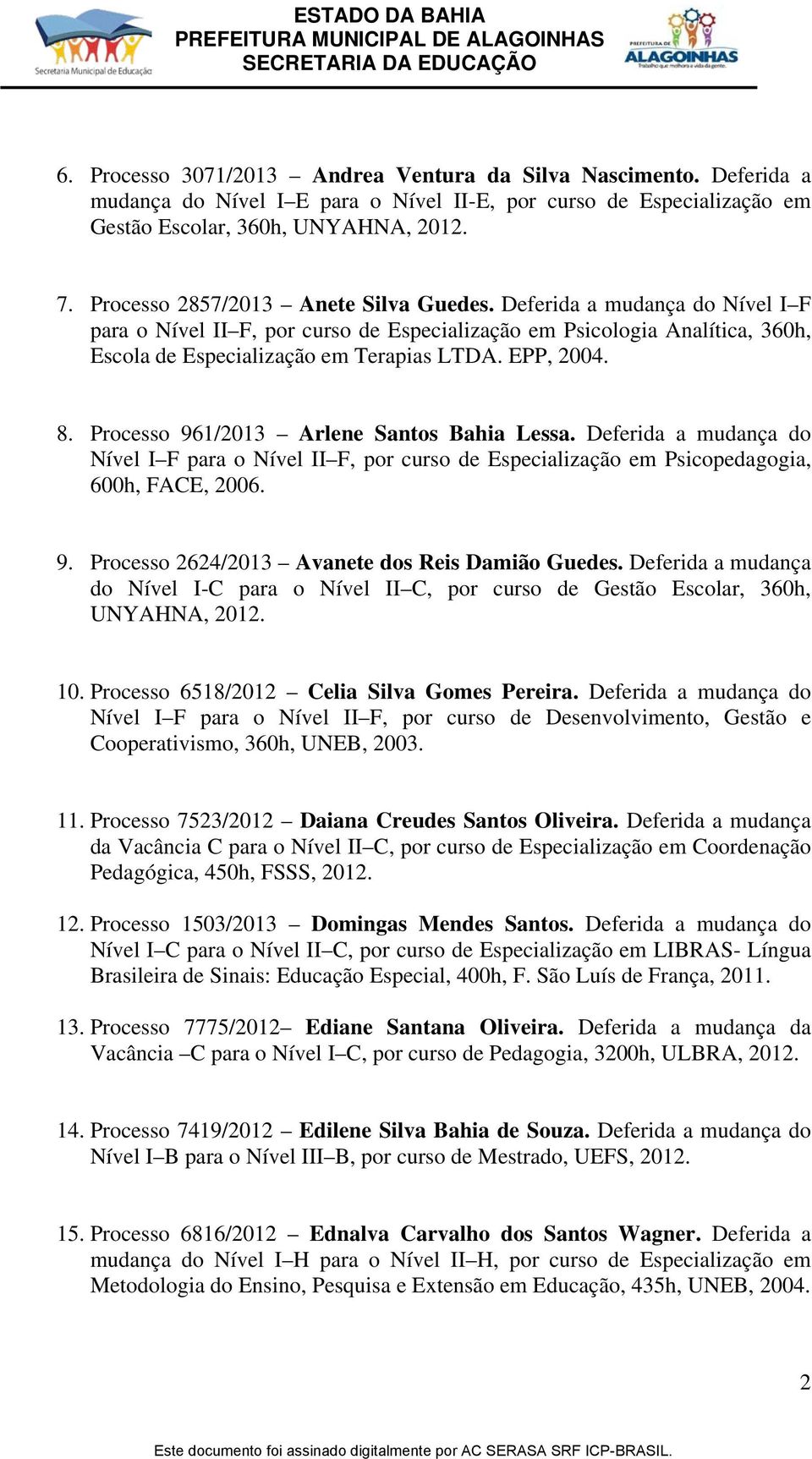 Processo 961/2013 Arlene Santos Bahia Lessa. Deferida a mudança do Nível I F para o Nível II F, por curso de Especialização em Psicopedagogia, 600h, FACE, 2006. 9. Processo 2624/2013 Avanete dos Reis Damião Guedes.