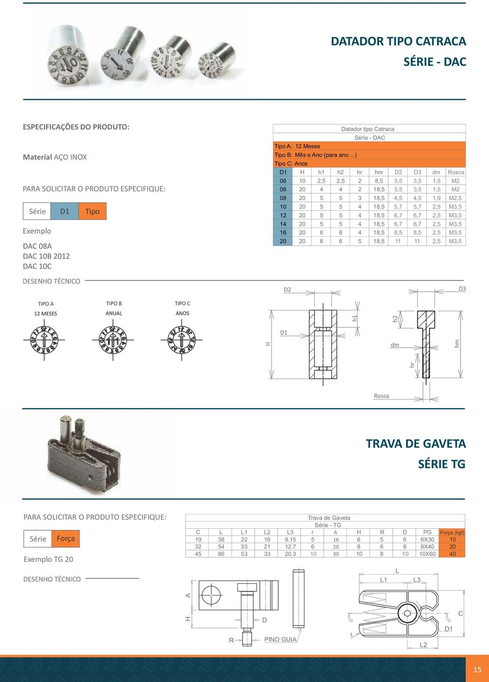 18, 6,7 6,7 2, M3, 16 2 6 6 4 18, 8, 8, 2, M3, 2 2 6 6 18, 11 11 2, M3, TIPO A TIPO B TIPO C 2 3 H dm hr h1 hm h2 Rosca TRAVA E GAVETA SÉRIE TG PARA SOICITAR O PROUTO Força