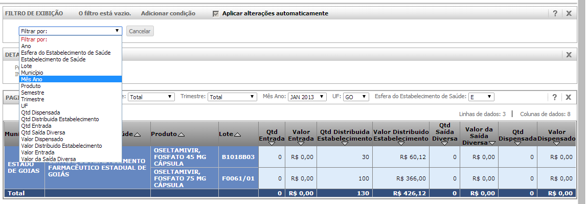 6. Adição de filtros Formas de adição de filtros: Paginar por: É possível arrastar atributos para a paginação, dentro da área correspondente à paginação, afim de fazer um filtro flexível.