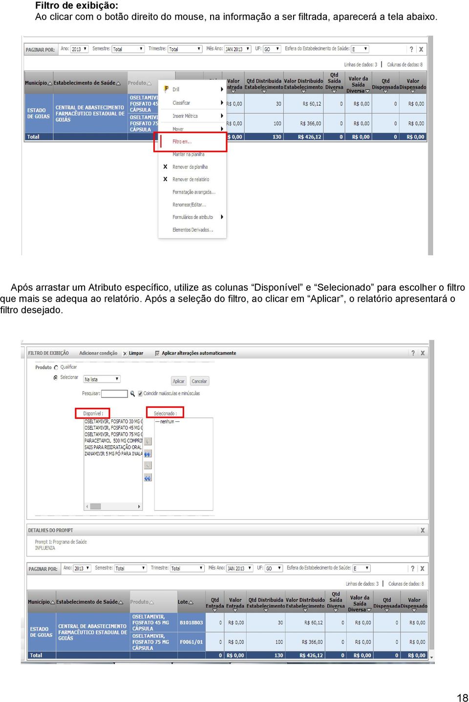 Após arrastar um Atributo específico, utilize as colunas Disponível e Selecionado para