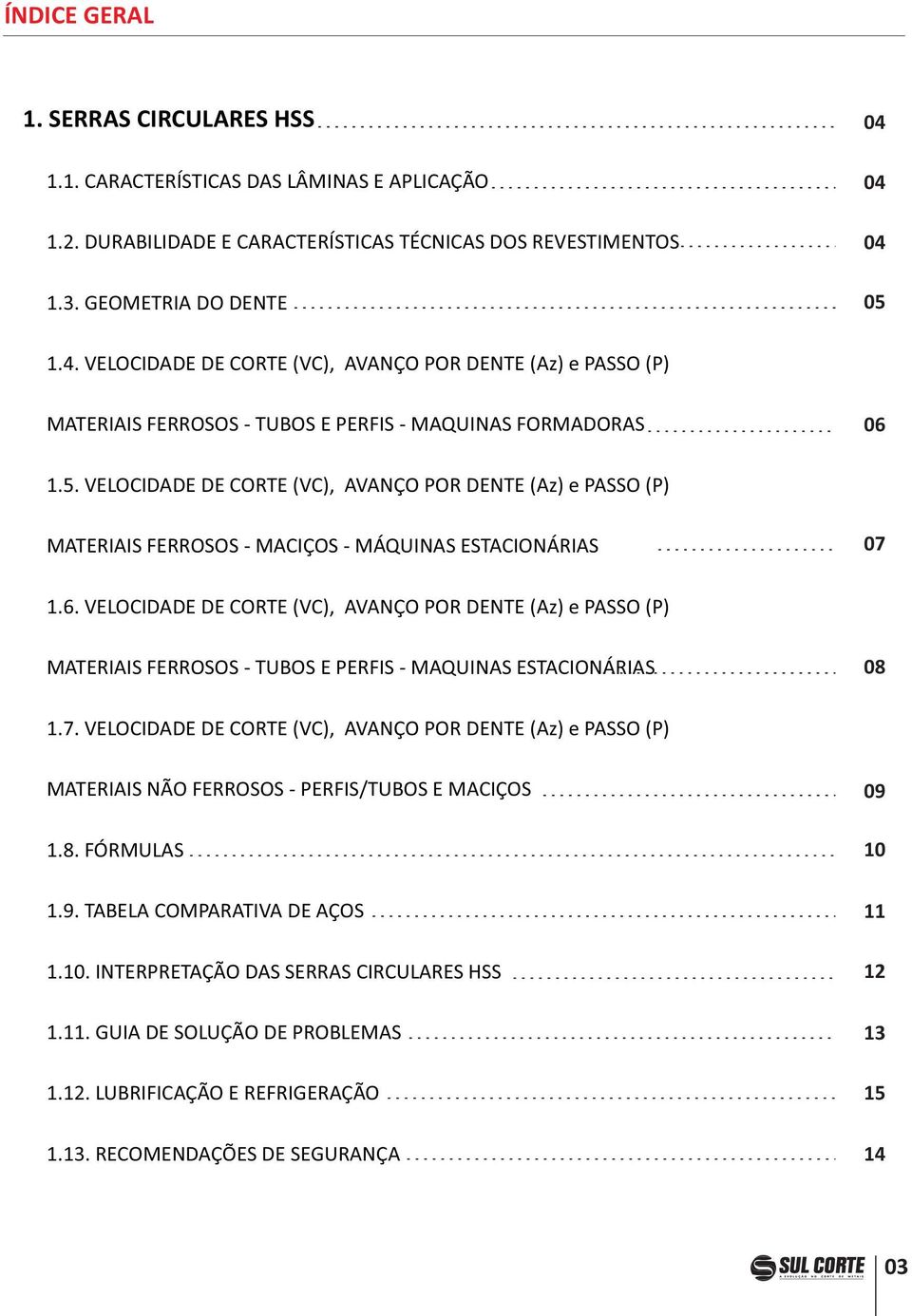 6. VELOCIDADE DE CORTE (VC), AVANÇO POR DENTE (Az) e PASSO (P) MATERIAIS FERROSOS TUBOS E PERFIS MAQUINAS ESTACIONÁRIAS 08 1.7.