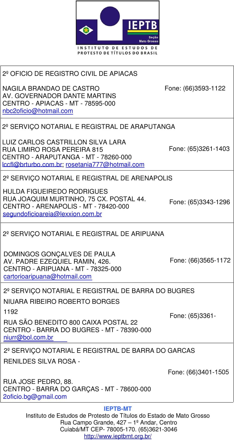 com Fone: (65)3261-1403 2º SERVIÇO NOTARIAL E REGISTRAL DE ARENAPOLIS HULDA FIGUEIREDO RODRIGUES RUA JOAQUIM MURTINHO, 75 CX. POSTAL 44. CENTRO - ARENAPOLIS - MT - 78420-000 segundoficioareia@lexxion.