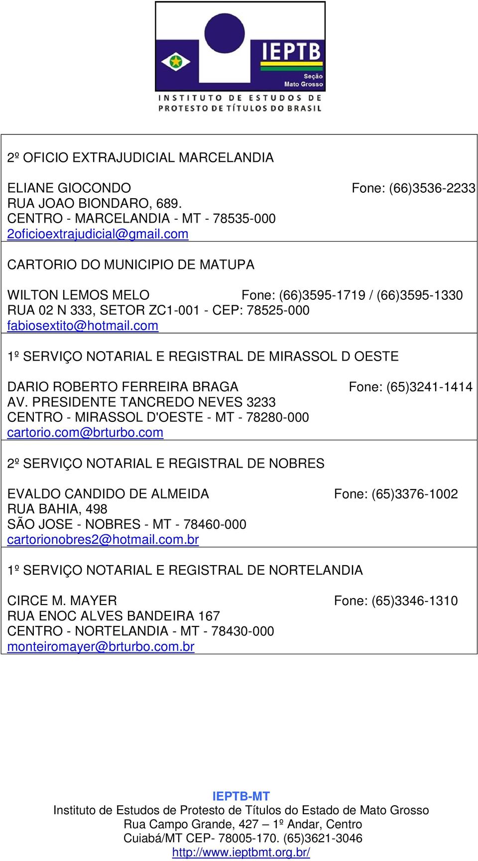 com 1º SERVIÇO NOTARIAL E REGISTRAL DE MIRASSOL D OESTE DARIO ROBERTO FERREIRA BRAGA Fone: (65)3241-1414 AV. PRESIDENTE TANCREDO NEVES 3233 CENTRO - MIRASSOL D'OESTE - MT - 78280-000 cartorio.