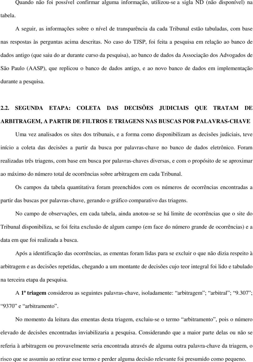 No caso do TJSP, foi feita a pesquisa em relação ao banco de dados antigo (que saiu do ar durante curso da pesquisa), ao banco de dados da Associação dos Advogados de São Paulo (AASP), que replicou o