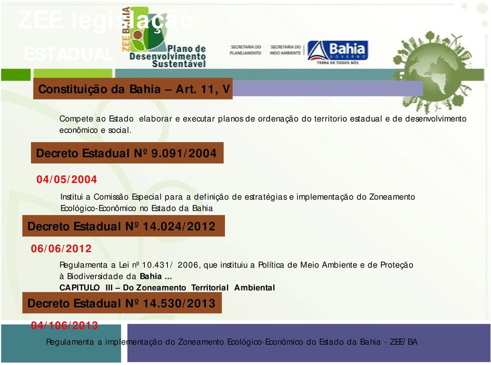 091/2004 04/05/2004 Institui a Comissão Especial para a definição de estratégias e implementação do Zoneamento Ecológico-Econômico no Estado da Bahia Decreto Estadual Nº 14.