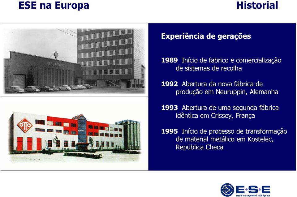 waste handling systems & solutions Experiência de gerações 1989 Início de fabrico e comercialização de sistemas de recolha 1992 Abertura da nova fábrica de produção em