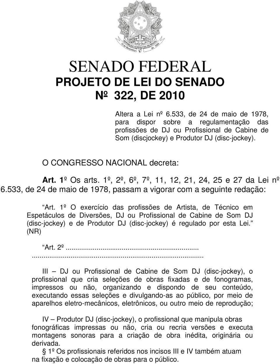 1º Os arts. 1º, 2º, 6º, 7º, 11, 12, 21, 24, 25 e 27 da Lei nº 6.533, de 24 de maio de 1978, passam a vigorar com a seguinte redação: Art.