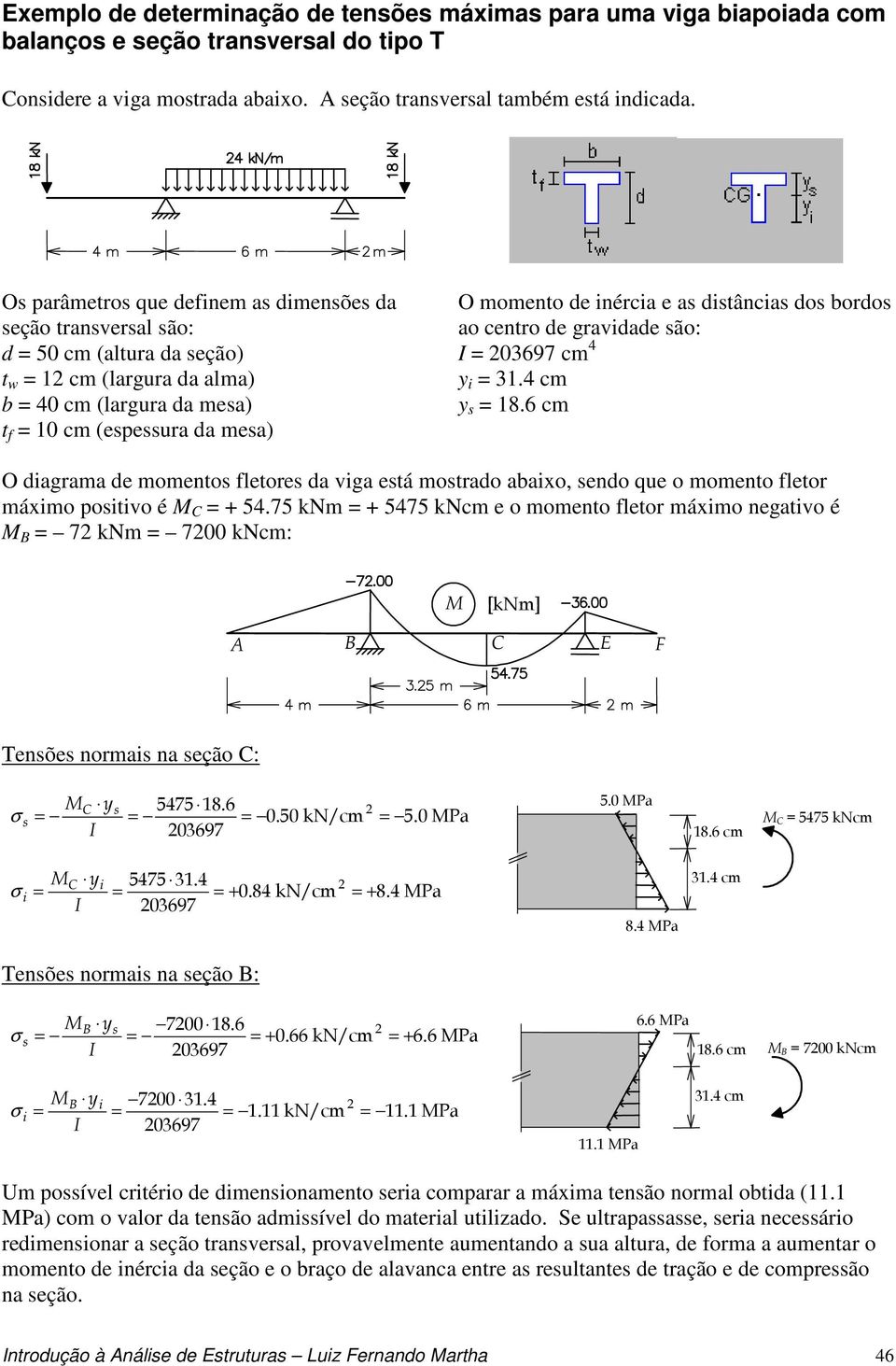 ditância do bordo ao centro de gravidade ão: = 03697 cm 4 y i = 31.4 cm y = 18.6 cm O diagrama de momento fletore da viga etá motrado abaixo, endo que o momento fletor máximo poitivo é C = + 54.