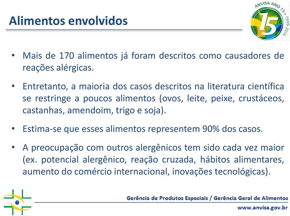 crustáceos, castanhas, amendoim, trigo e soja). Estima-se que esses alimentos representem 90% dos casos.