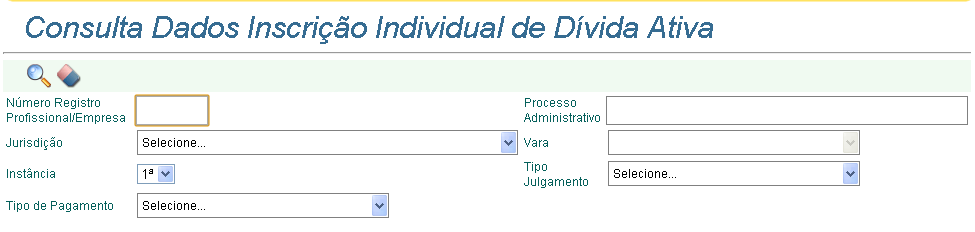 APLICAÇÃO Consulta Dados Inscrição Individual de Dívida Ativa Esta tela é acessada pelo menu principal através do caminho: Receita >> Cobrança >> Dívida Ativa >> Consulta Dívida Ativa.