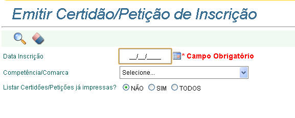 APLICAÇÃO Esta tela é acessada pelo menu principal através do caminho: Receita >> Cobrança >> Dívida Ativa >> Emitir Certidão e Petição Inicial.