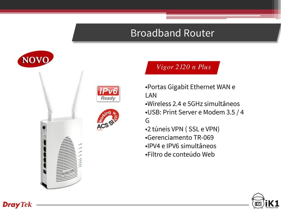 4 e 5GHz simultâneos USB: Print Server e Modem 3.