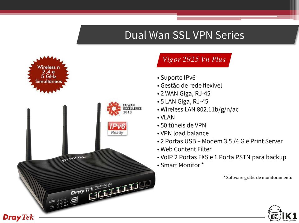 11b/g/n/ac VLAN 50 túneis de VPN VPN load balance 2 Portas USB Modem 3,5 /4 G e