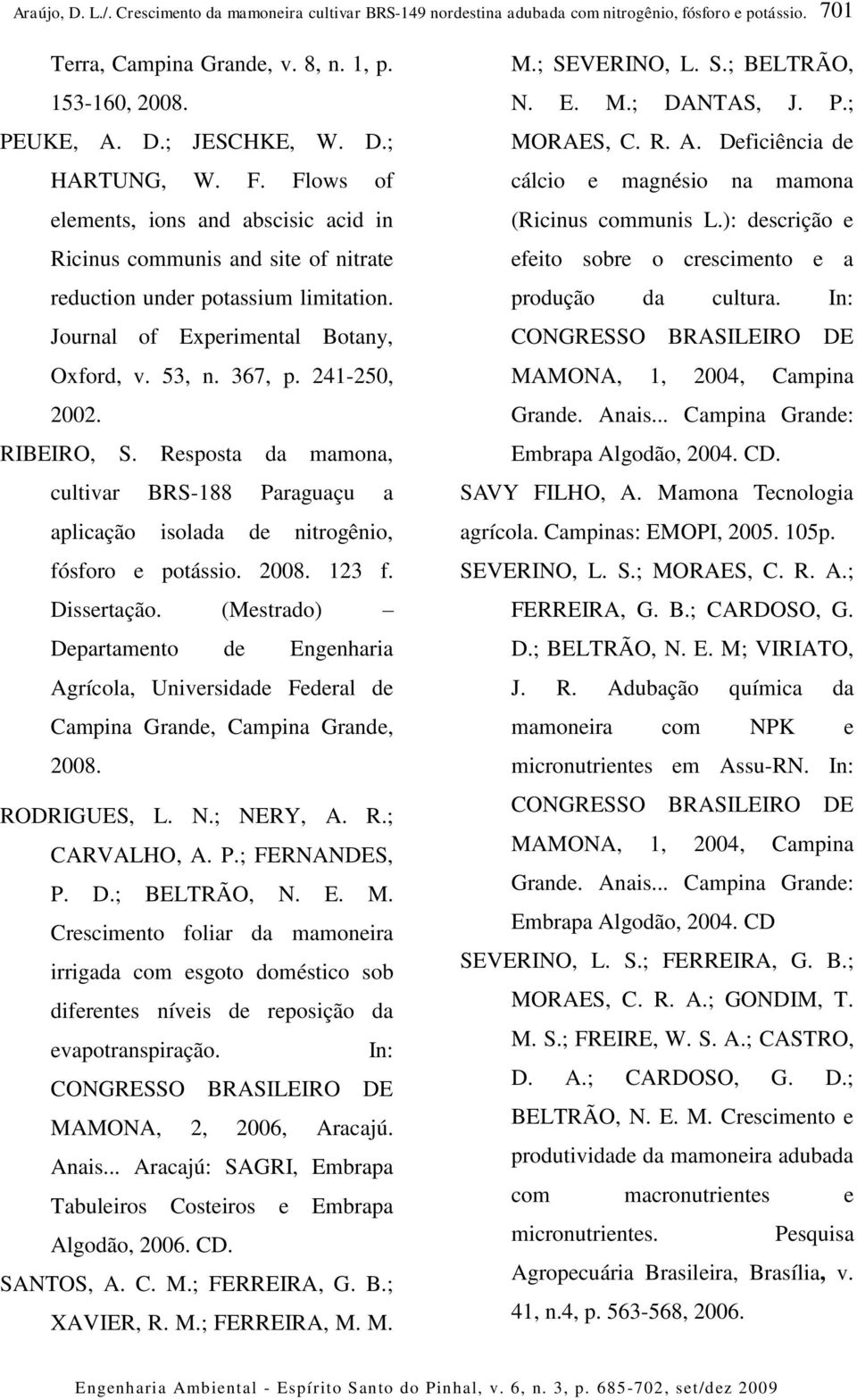 RIBEIRO, S. Resposta da mamona, cultivar BRS-188 Paraguaçu a aplicação isolada de nitrogênio, fósforo e potássio. 28. 123 f. Dissertação.