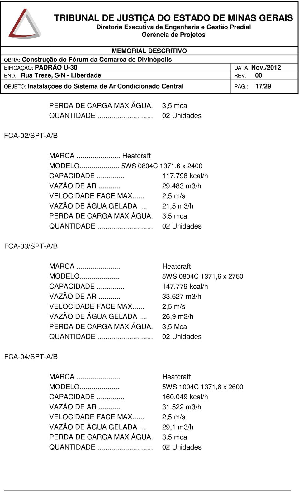 .. 02 Unidades FCA-03/SPT-A/B MARCA... Heatcraft MODELO... 5WS 0804C 1371,6 x 2750 CAPACIDADE... 147.779 kcal/h VAZÃO DE AR... 33.627 m3/h VELOCIDADE FACE MAX... 2,5 m/s VAZÃO DE ÁGUA GELADA.