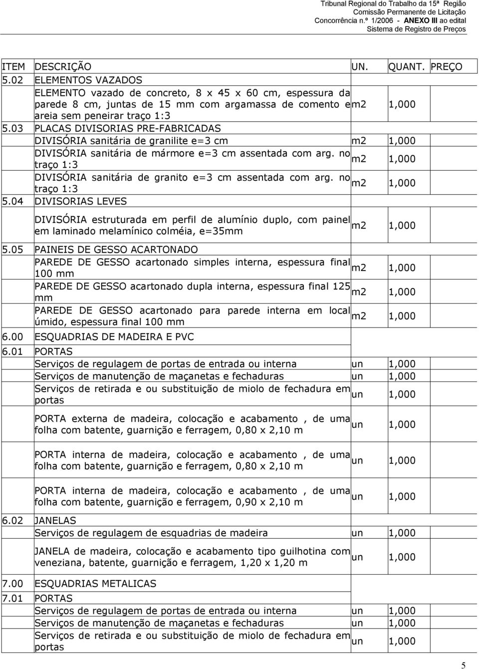 no traço 1:3 5.04 DIVISORIAS LEVES DIVISÓRIA estruturada e perfil de aluínio duplo, co painel e lainado elaínico coléia, e=35 5.