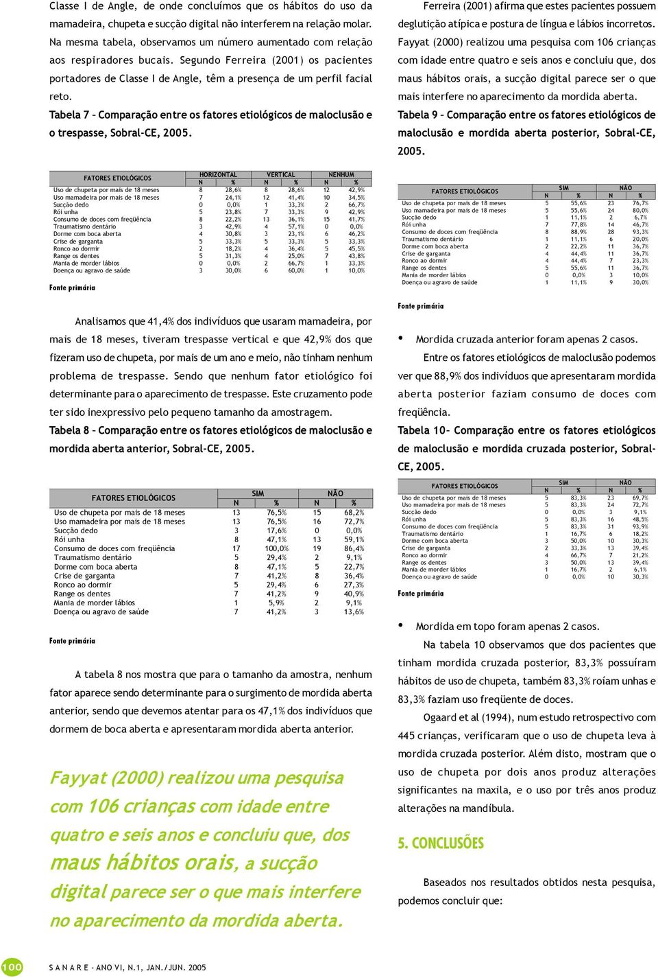 Tabela 7 Comparação entre os fatores etiológicos de maloclusão e o trespasse, Sobral CE, 2005.