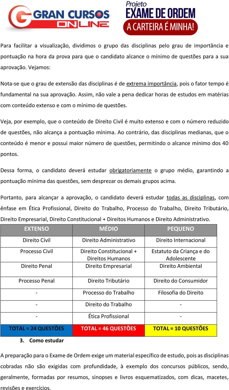 Assim, não vale a pena dedicar horas de estudos em matérias com conteúdo extenso e com o mínimo de questões.