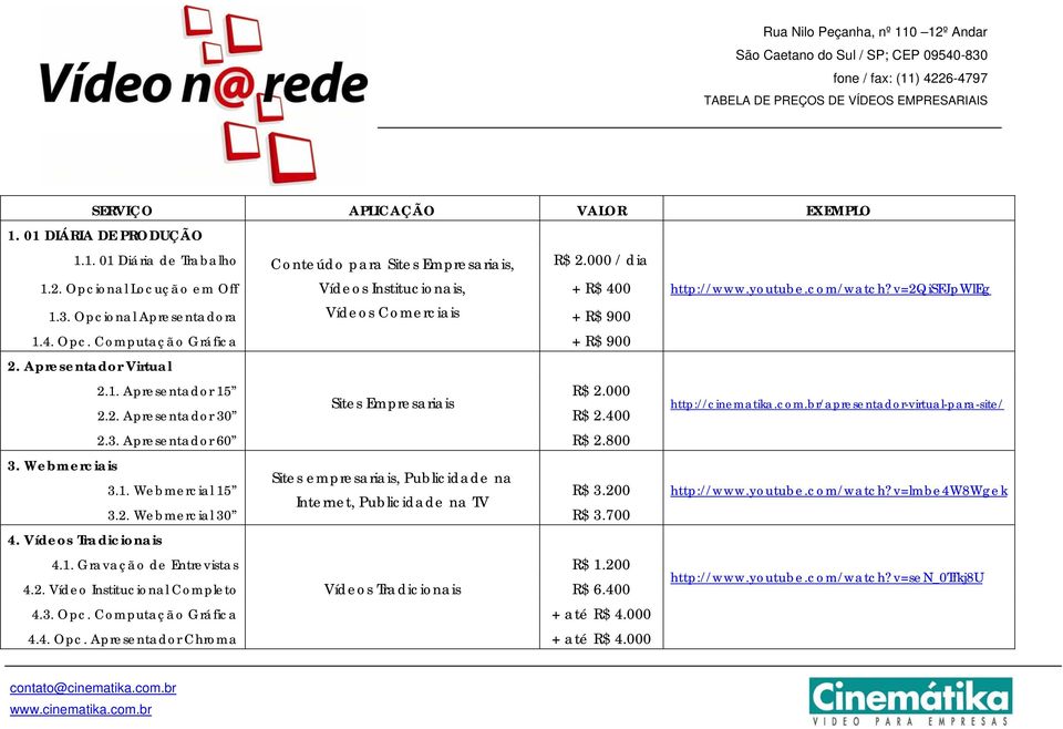 2. Apresentador 30 R$ 2.400 http://cinematika.com.br/apresentador-virtual-para-site/ 2.3. Apresentador 60 R$ 2.800 3. Webmerciais Sites empresariais, Publicidade na 3.1. Webmercial 15 R$ 3.