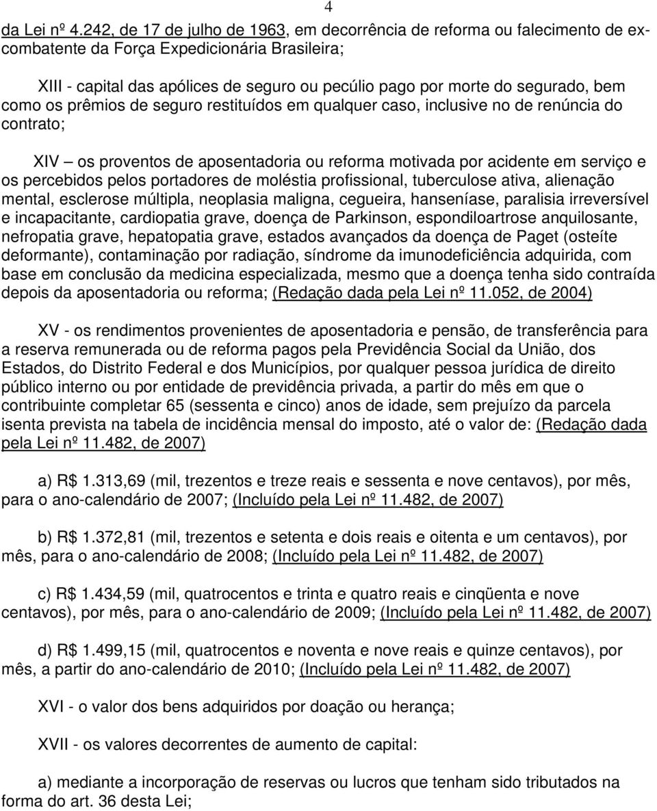 bem como os prêmios de seguro restituídos em qualquer caso, inclusive no de renúncia do contrato; XIV os proventos de aposentadoria ou reforma motivada por acidente em serviço e os percebidos pelos