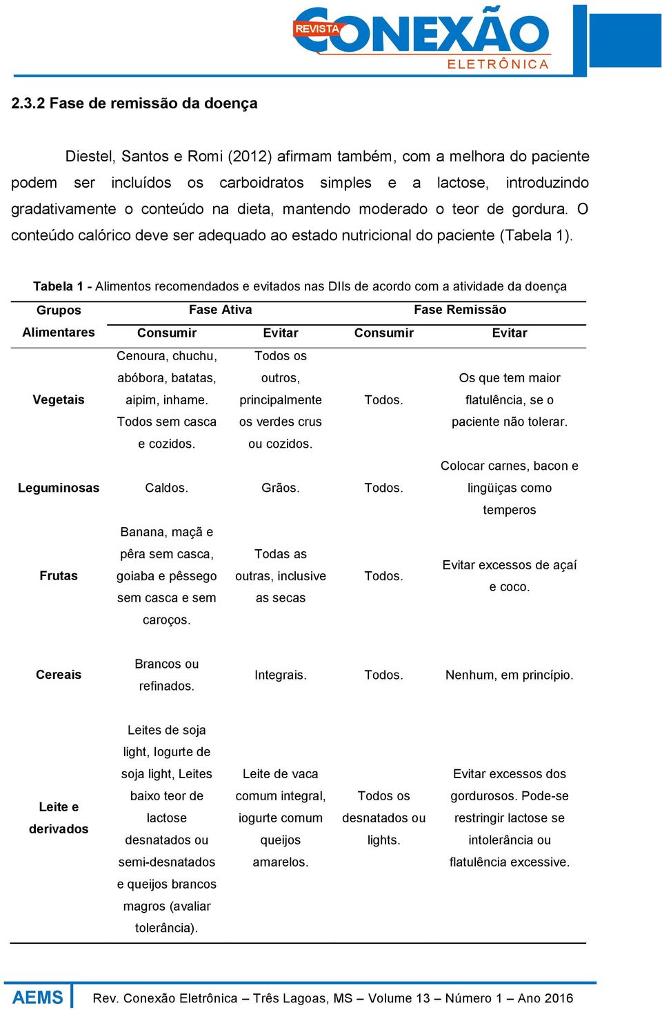 Tabela 1 - Alimentos recomendados e evitados nas DIIs de acordo com a atividade da doença Grupos Fase Ativa Fase Remissão Alimentares Consumir Evitar Consumir Evitar Vegetais Cenoura, chuchu,