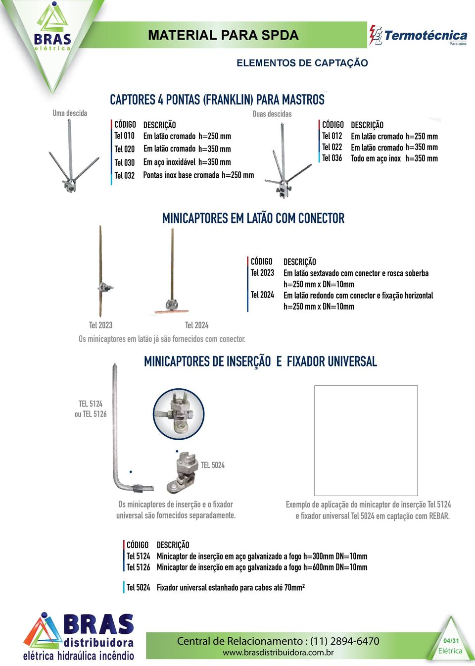 Tel 2024 Em latão sextavado com conector e rosca soberba h=250 mm x DN=10mm Em latão redondo com conector e fixação horizontal h=250 mm x DN=10mm Tel 2023 Tel 2024 Os minicaptores em latão já são