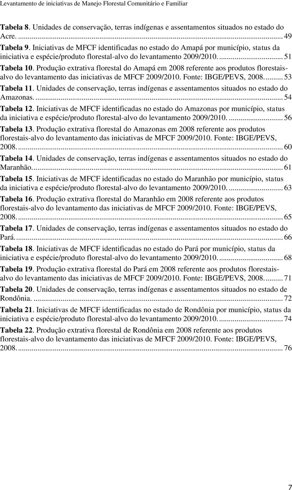 Produção extrativa florestal do Amapá em 2008 referente aos produtos florestaisalvo do levantamento das iniciativas de MFCF 2009/2010. Fonte: IBGE/PEVS, 2008.... 53 Tabela 11.