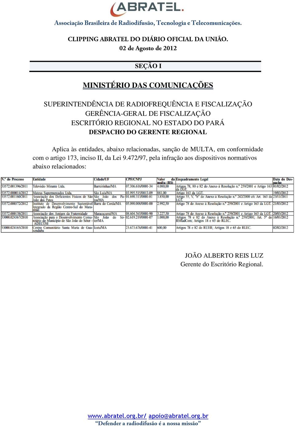 abaixo relacionadas, sanção de MULTA, em conformidade com o artigo 173, inciso II, da Lei 9.