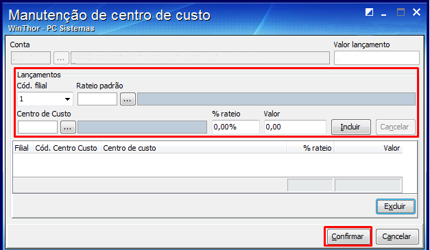 9.4.5 Na tela Dados do Lançamento, caso seja informada uma Conta Contábil ou Nova Conta que trabalhe com Centro de Custo (conforme definido na rotina 2104), o botão Centro de Custo será habilitado; 9.