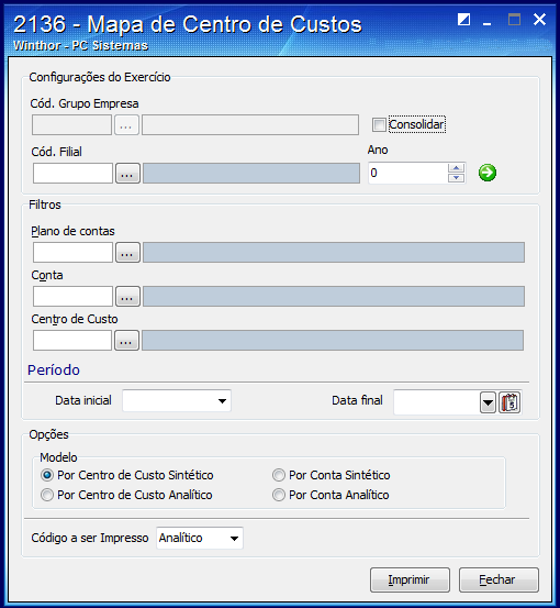 9.7.3 Selecione o modelo de relatório que pode ser Por Centro de Custo Sintético ou Por Centro de Custo Analítico.