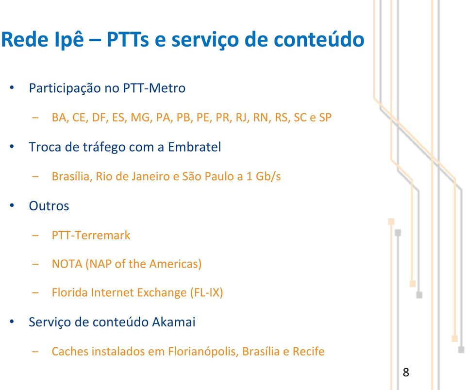 São Paulo a 1 Gb/s Outros PTT-Terremark NOTA (NAP of the Americas) Florida Internet